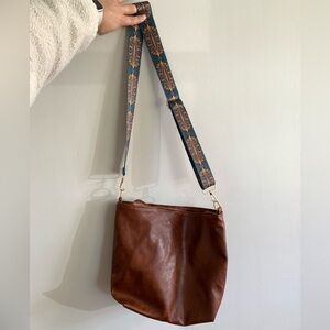 Brown Crossbody Bag with Patterned Strap